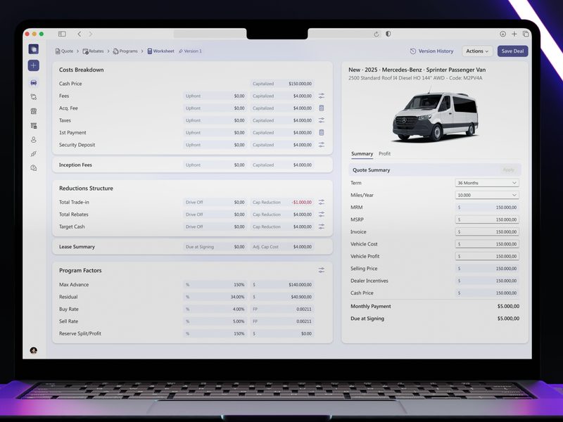 Cars311 for Dealers: deal desking screen comparing Lease, Finance and Cash offers side by side