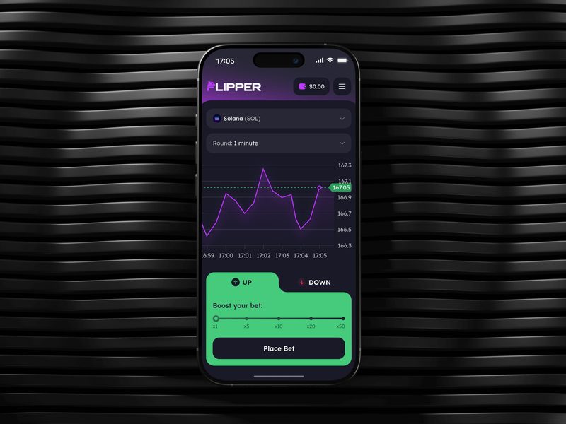Flipper: iOS app screens showing fiat-to-crypto onboarding and a predict-to-earn game